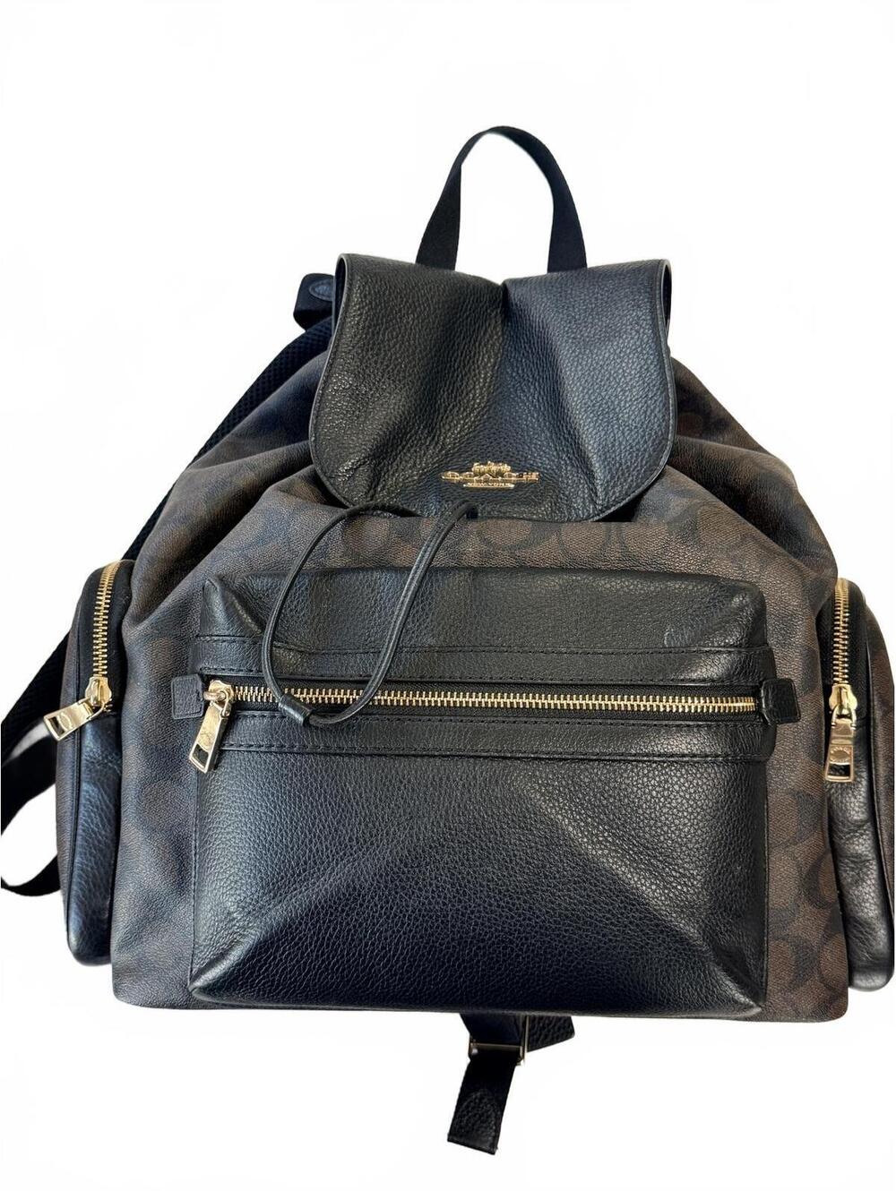 Coach Signature Canvas and Black Leather Drawstring Backpack